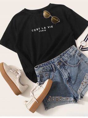 SHEIN LUNE Paris Black Graphic Short Sleeve Tee, C'est La Vie | Sz L